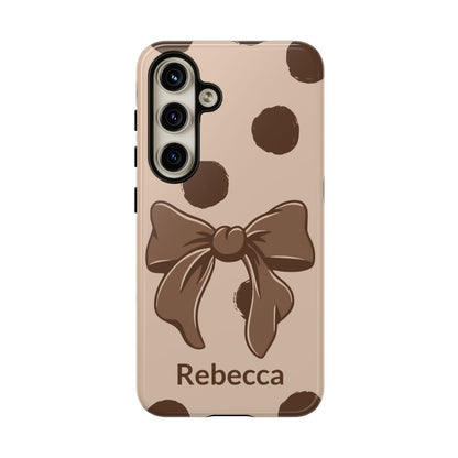 Personalized Brown Polka Dot Bow Phone Case – Custom Name Coquette Retro Aesthetic