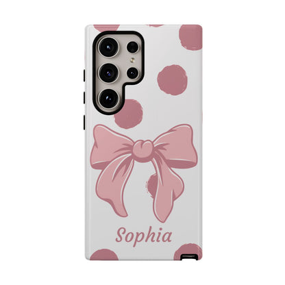 Personalized Pink Polka Dot Bow Phone Case – Custom Name Coquette Aesthetic