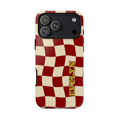 Personalized Burgundy Checkered Phone Case – Custom Name Wavy Retro Aesthetic