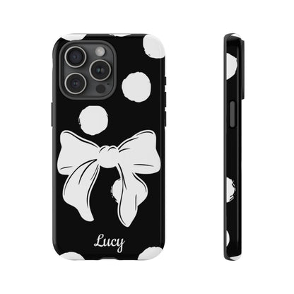 Personalized Black Polka Dot Bow Phone Case – Custom Name Coquette Retro Aesthetic