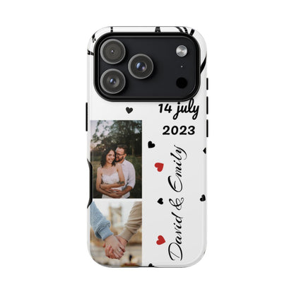Phone case with personalized design including a couple, date, and names on a white background