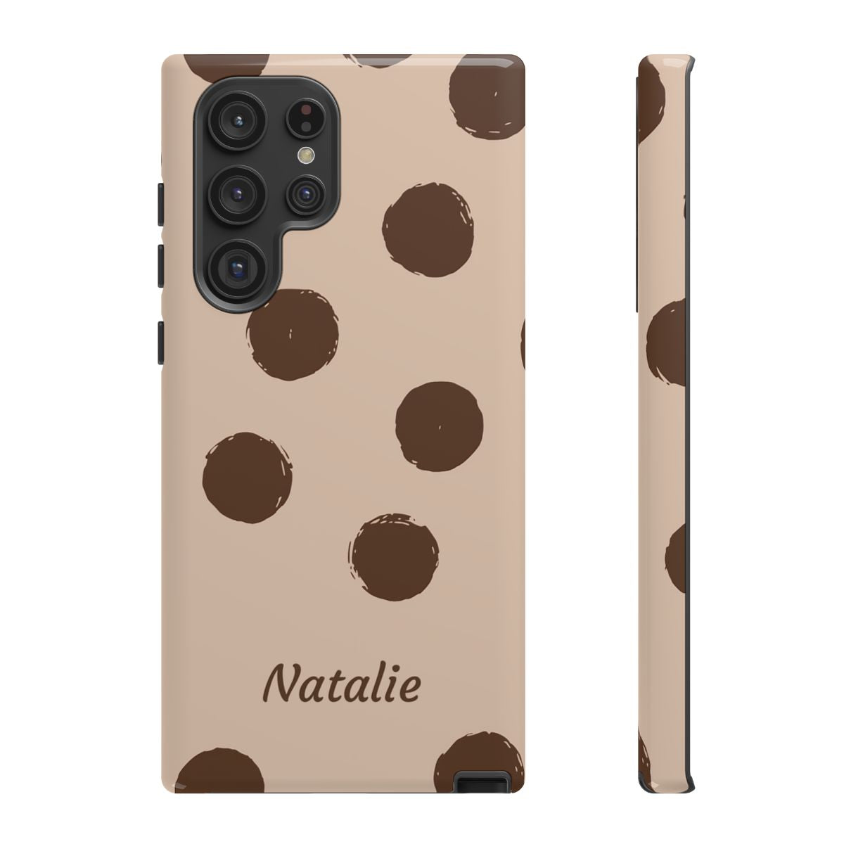 Personalized Brown Polka Dot Phone Case – Custom Name Neutral Boho Aesthetic