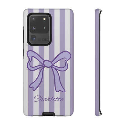 Personalized Lavender Bow Phone Case – Purple Striped Coquette Ribbon Aesthetic