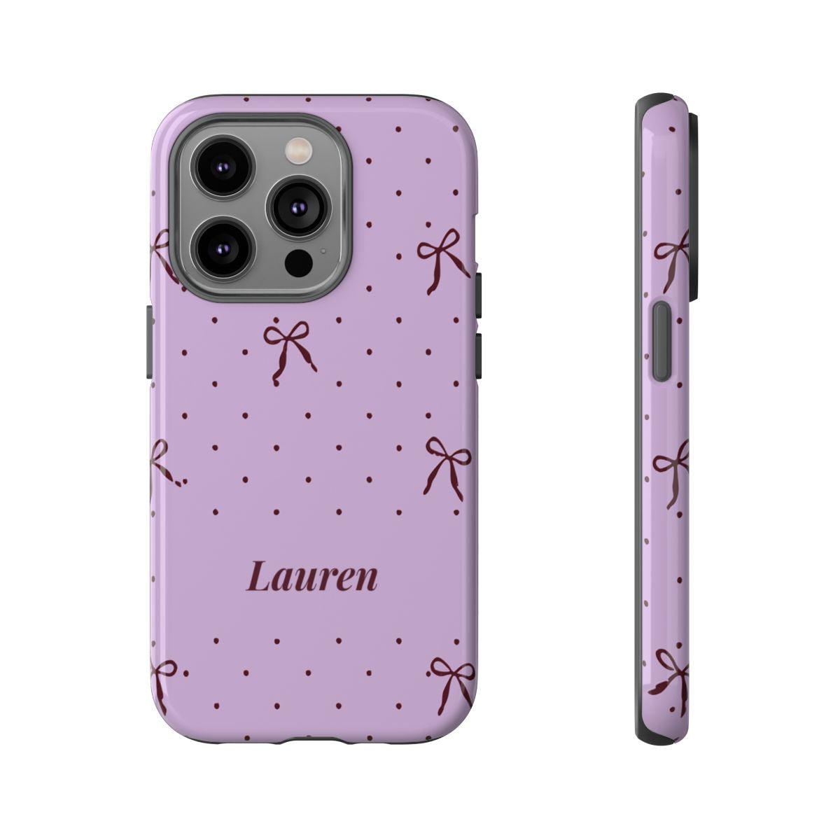 Personalized Lavender Bow Phone Case – Custom Name Polka Dot Coquette Aesthetic
