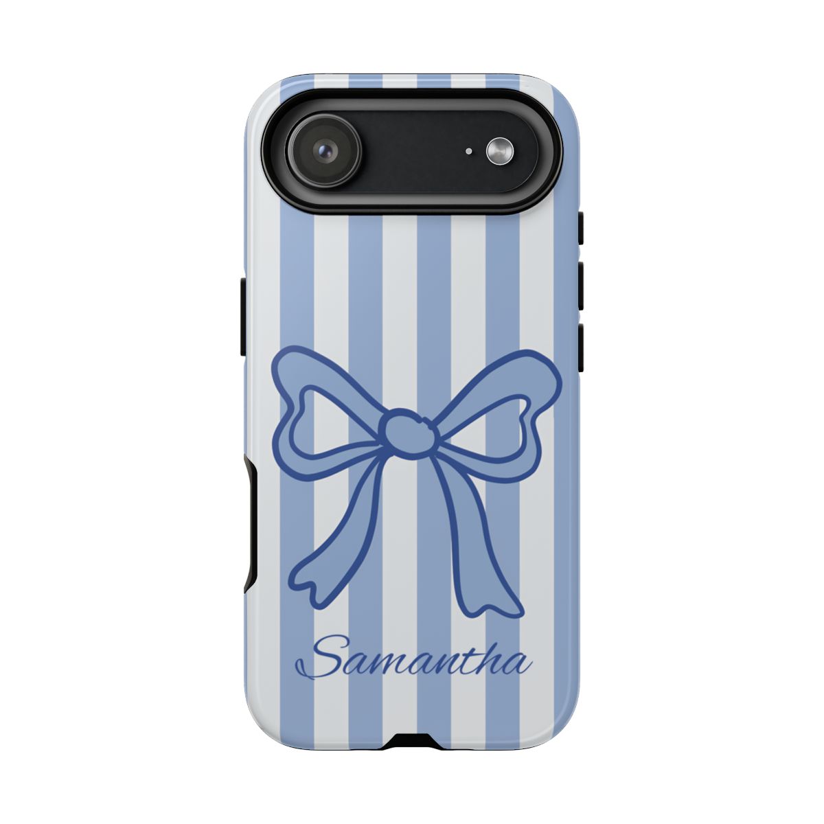 Personalized Coquette Bow Phone Case – Blue Striped Preppy Ribbon Aesthetic