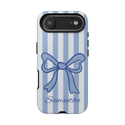 Personalized Coquette Bow Phone Case – Blue Striped Preppy Ribbon Aesthetic