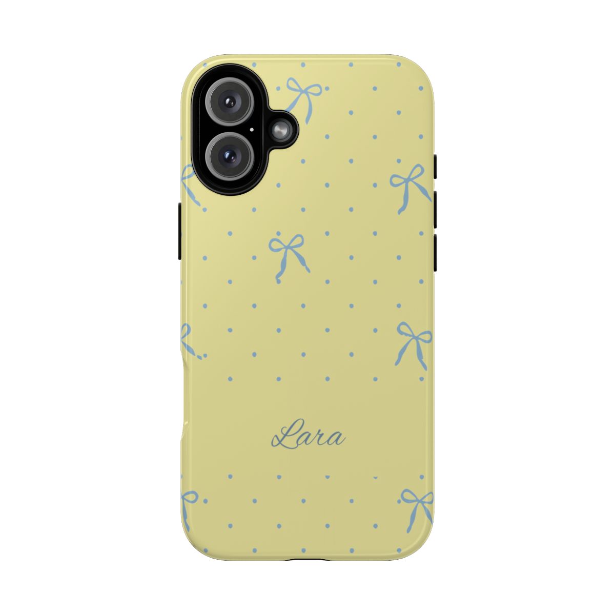 Personalized Yellow Bow Phone Case – Custom Name Blue Polka Dot Aesthetic