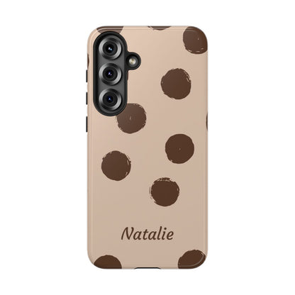 Personalized Brown Polka Dot Phone Case – Custom Name Neutral Boho Aesthetic