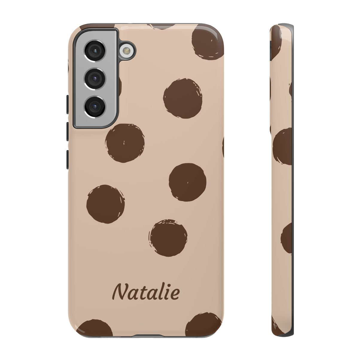 Personalized Brown Polka Dot Phone Case – Custom Name Neutral Boho Aesthetic