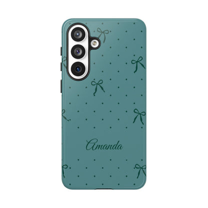 Personalized Teal Bow Phone Case – Custom Name Coquette Polka Dot Aesthetic
