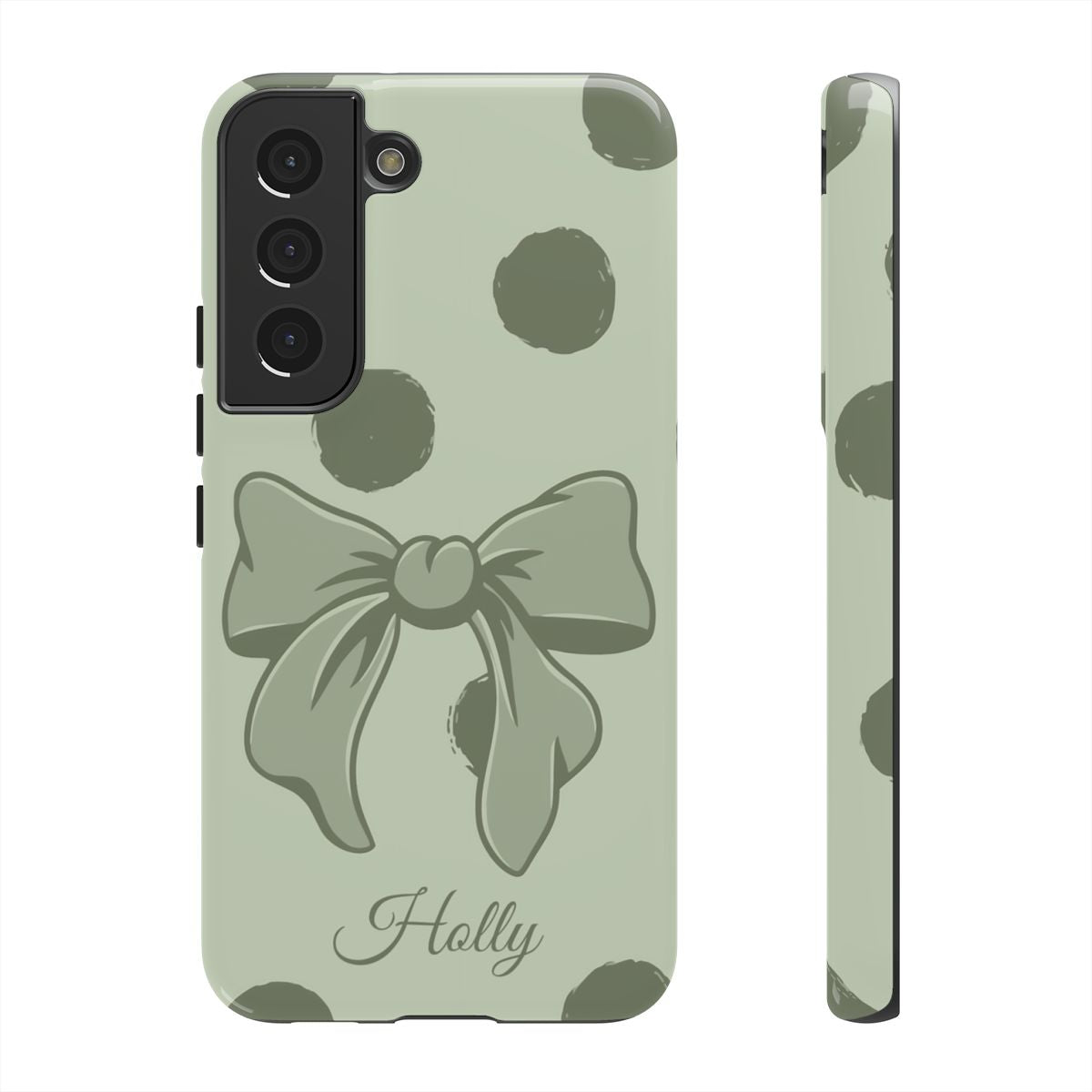 Personalized Sage Green Polka Dot Bow Phone Case – Custom Name Coquette Aesthetic