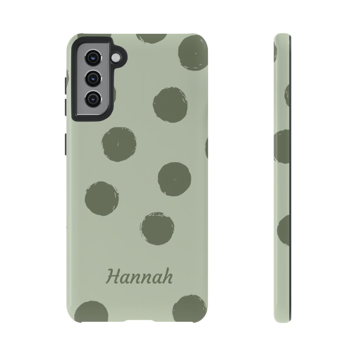 Personalized Sage Green Polka Dot Phone Case – Custom Name Matcha Aesthetic