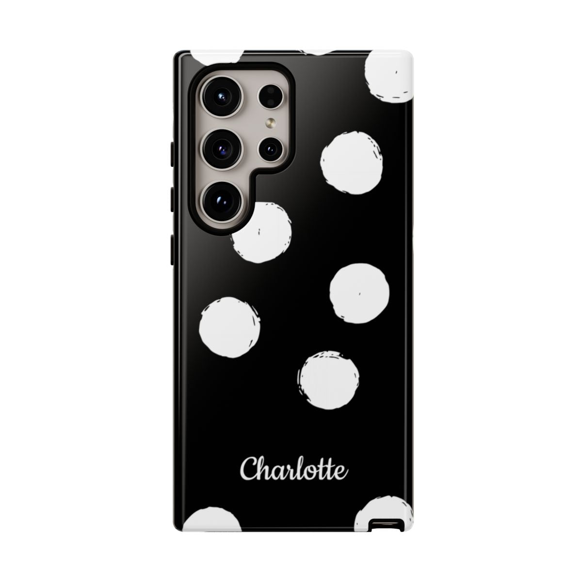 Personalized Black Polka Dot Phone Case – Custom Name Bold Monochrome Aesthetic