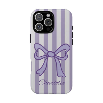 Personalized Lavender Bow Phone Case – Purple Striped Coquette Ribbon Aesthetic