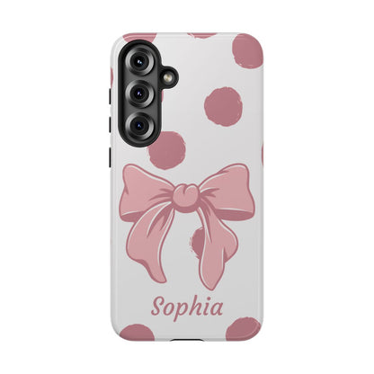 Personalized Pink Polka Dot Bow Phone Case – Custom Name Coquette Aesthetic