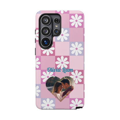 Personalized Pink Floral Checkered Phone Case - Custom Name and Photo