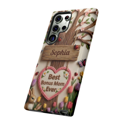 Personalized Bonus Mom Phone Case – Custom Name Clay Spring Garden Aesthetic