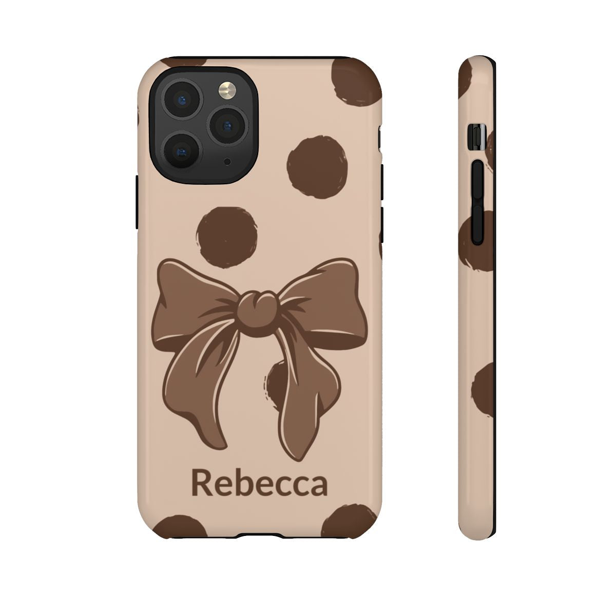 Personalized Brown Polka Dot Bow Phone Case – Custom Name Coquette Retro Aesthetic
