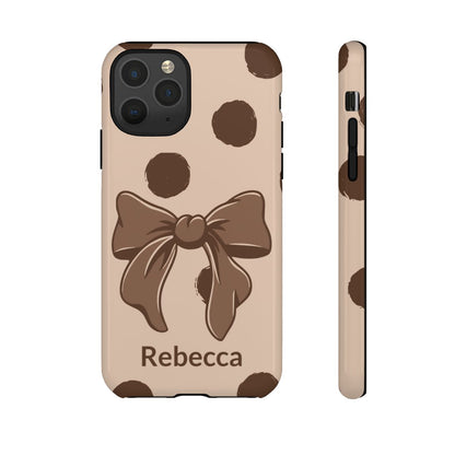 Personalized Brown Polka Dot Bow Phone Case – Custom Name Coquette Retro Aesthetic
