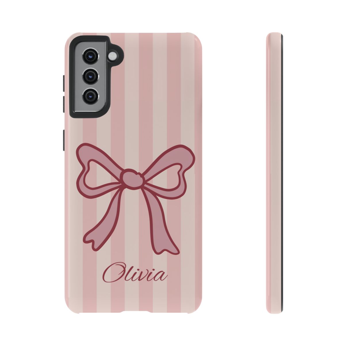 Personalized Pink Bow Phone Case – Soft Pastel Striped Coquette Aesthetic