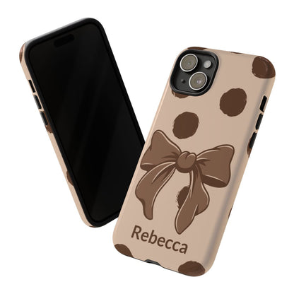 Personalized Brown Polka Dot Bow Phone Case – Custom Name Coquette Retro Aesthetic