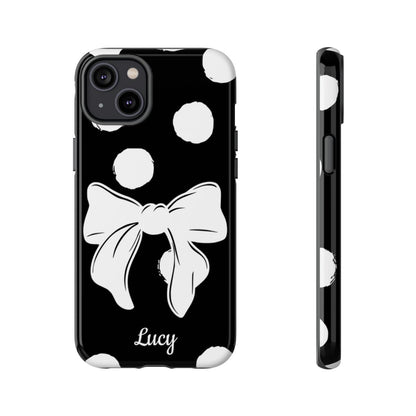 Personalized Black Polka Dot Bow Phone Case – Custom Name Coquette Retro Aesthetic