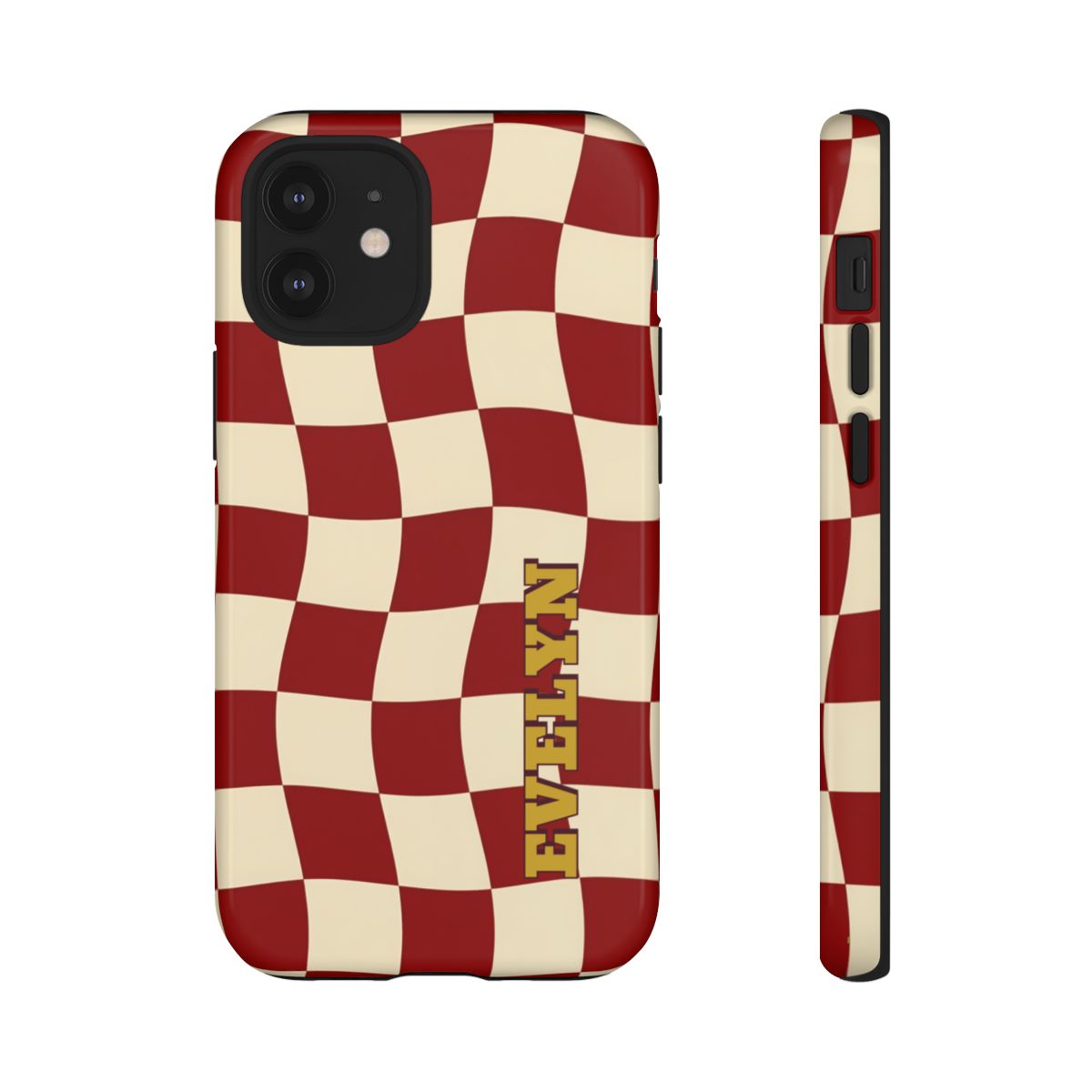 Personalized Burgundy Checkered Phone Case – Custom Name Wavy Retro Aesthetic