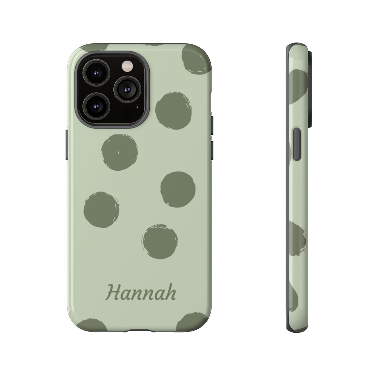 Personalized Sage Green Polka Dot Phone Case – Custom Name Matcha Aesthetic