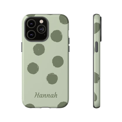 Personalized Sage Green Polka Dot Phone Case – Custom Name Matcha Aesthetic