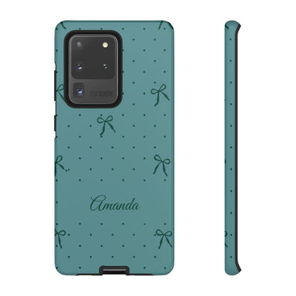 Personalized Teal Bow Phone Case – Custom Name Coquette Polka Dot Aesthetic