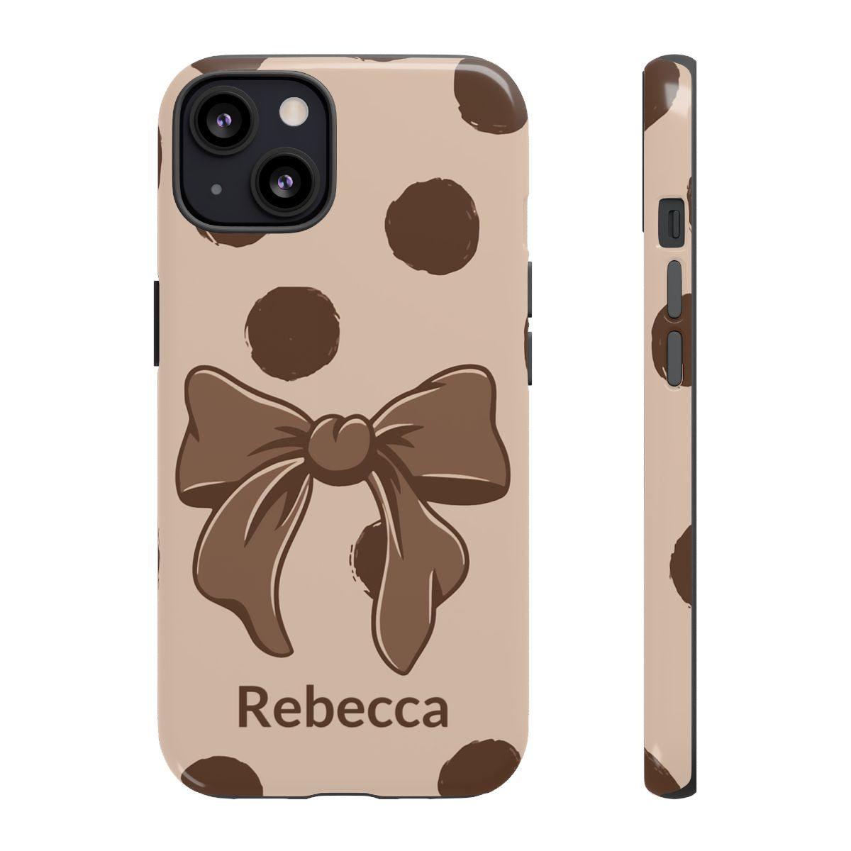 Personalized Brown Polka Dot Bow Phone Case – Custom Name Coquette Retro Aesthetic