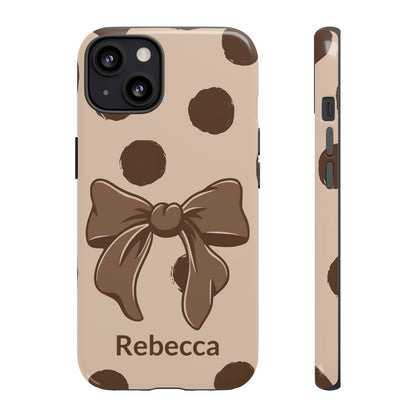 Personalized Brown Polka Dot Bow Phone Case – Custom Name Coquette Retro Aesthetic