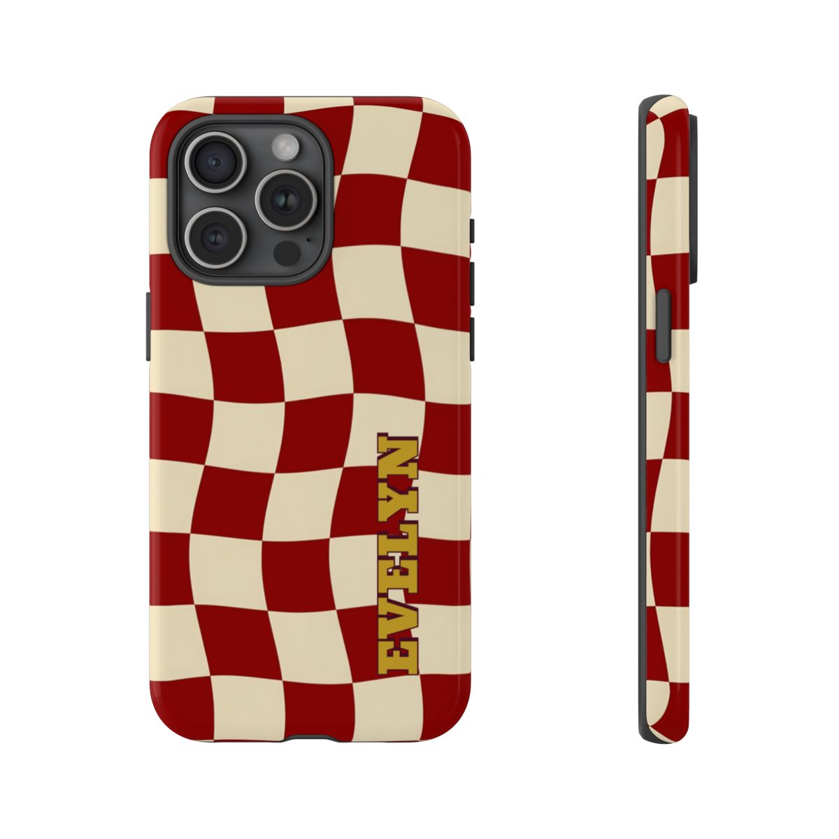 Personalized Burgundy Checkered Phone Case – Custom Name Wavy Retro Aesthetic