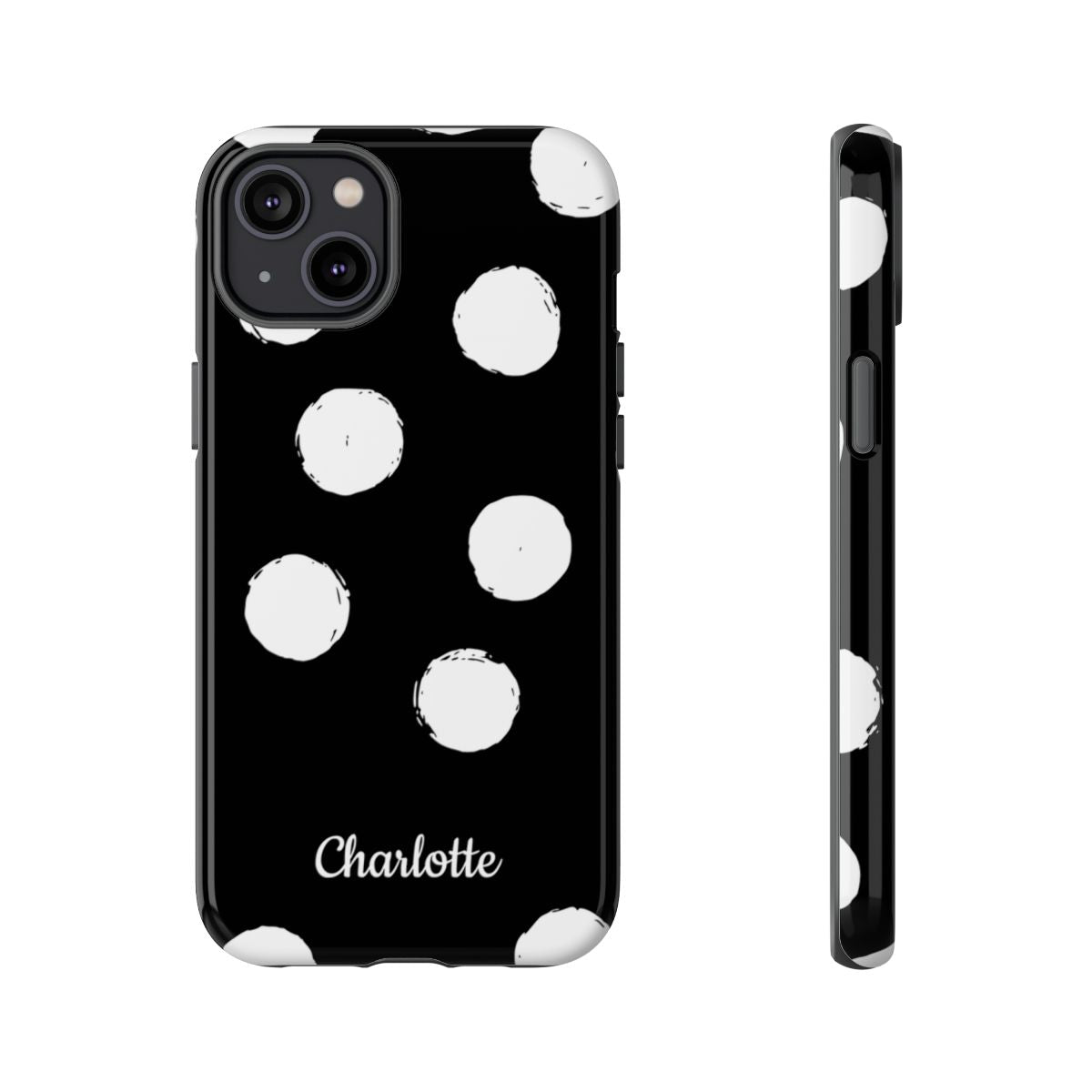 Personalized Black Polka Dot Phone Case – Custom Name Bold Monochrome Aesthetic