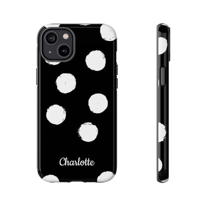Personalized Black Polka Dot Phone Case – Custom Name Bold Monochrome Aesthetic