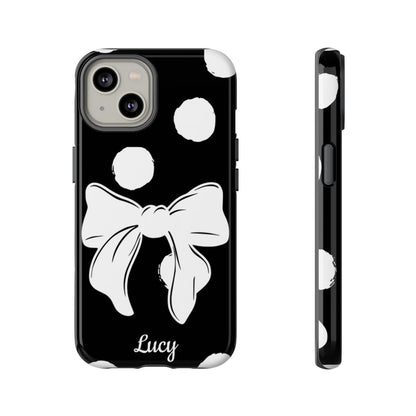 Personalized Black Polka Dot Bow Phone Case – Custom Name Coquette Retro Aesthetic