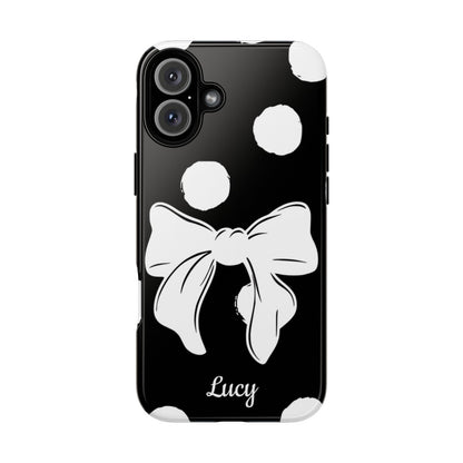 Personalized Black Polka Dot Bow Phone Case – Custom Name Coquette Retro Aesthetic