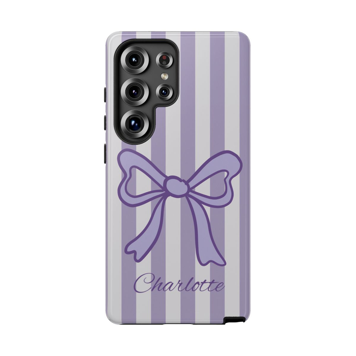 Aesthetic purple striped phone case with a custom name, perfect for a girly and preppy style.