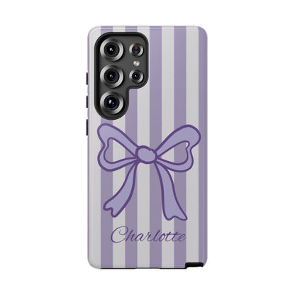 Aesthetic purple striped phone case with a custom name, perfect for a girly and preppy style.