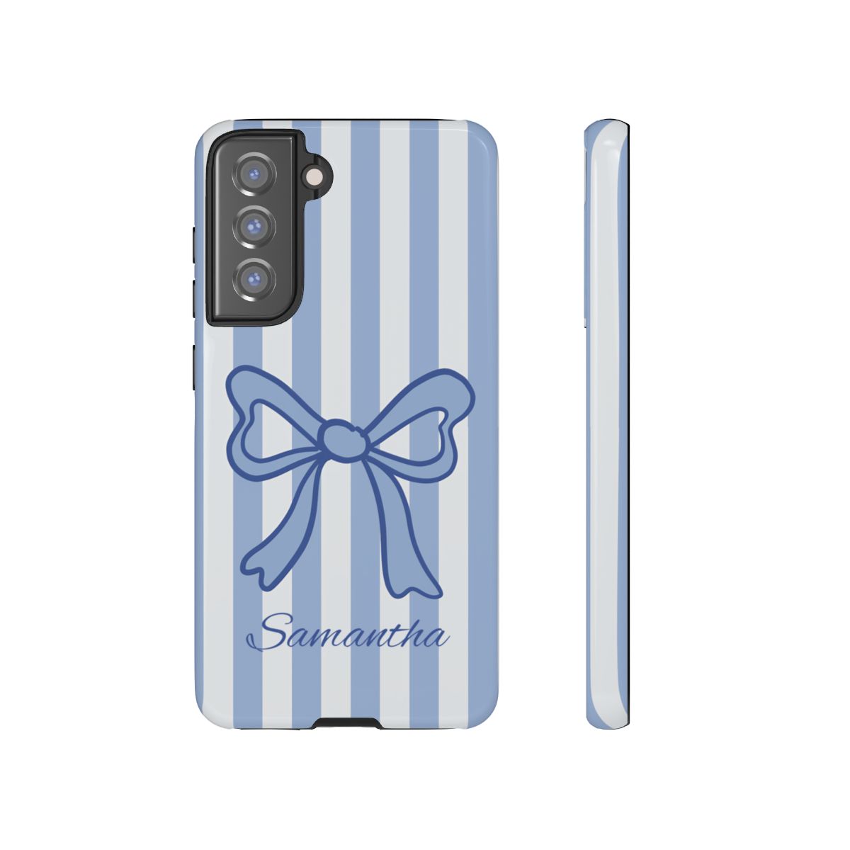 Personalized Coquette Bow Phone Case – Blue Striped Preppy Ribbon Aesthetic