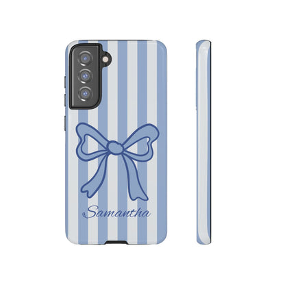 Personalized Coquette Bow Phone Case – Blue Striped Preppy Ribbon Aesthetic