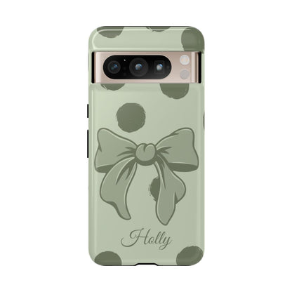 Personalized Sage Green Polka Dot Bow Phone Case – Custom Name Coquette Aesthetic