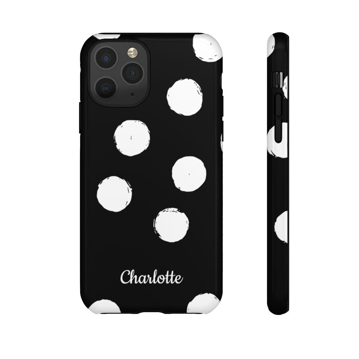 Personalized Black Polka Dot Phone Case – Custom Name Bold Monochrome Aesthetic
