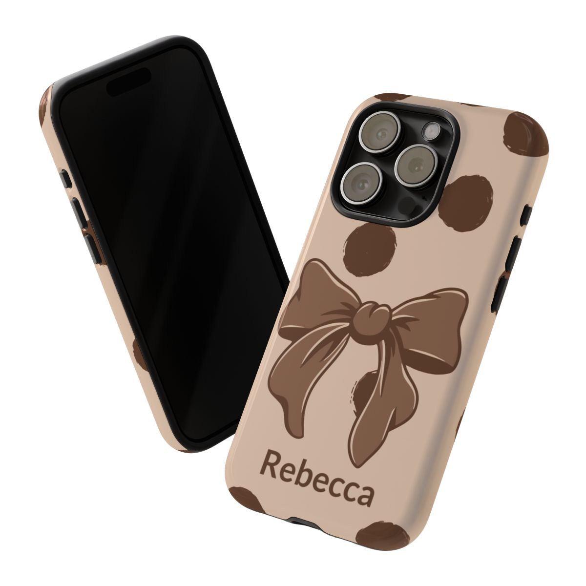 Personalized Brown Polka Dot Bow Phone Case – Custom Name Coquette Retro Aesthetic