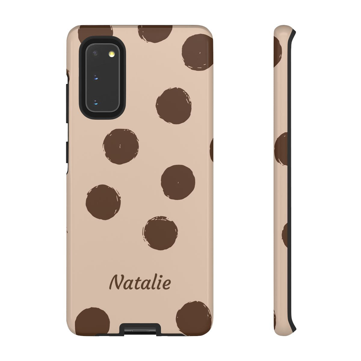 Personalized Brown Polka Dot Phone Case – Custom Name Neutral Boho Aesthetic