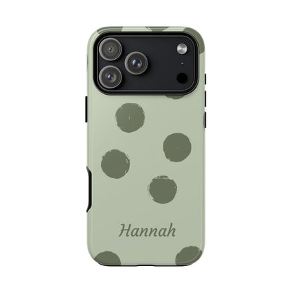 Personalized Sage Green Polka Dot Phone Case – Custom Name Matcha Aesthetic