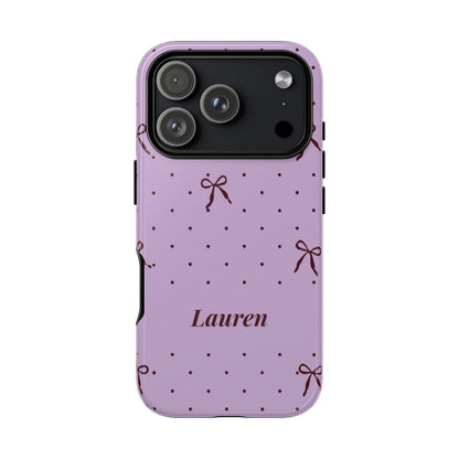 Lavender bow phone case with polka dots and custom name