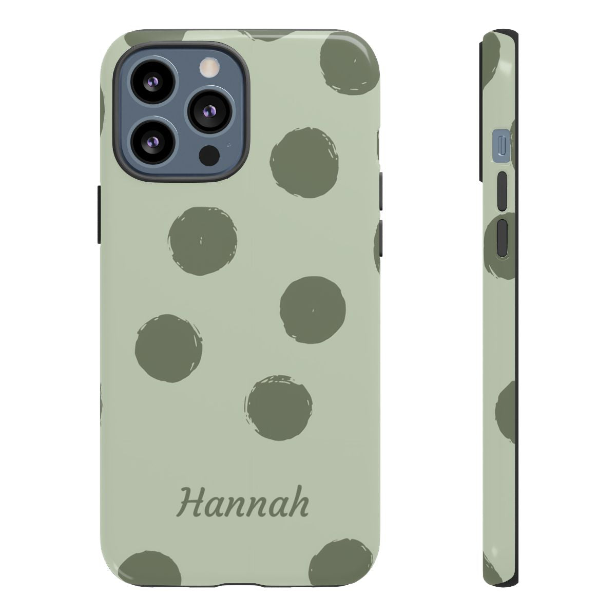 Personalized Sage Green Polka Dot Phone Case – Custom Name Matcha Aesthetic