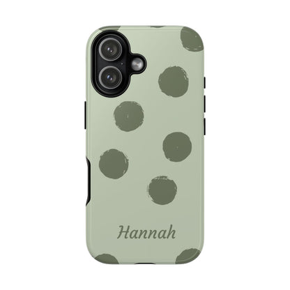 Personalized Sage Green Polka Dot Phone Case – Custom Name Matcha Aesthetic