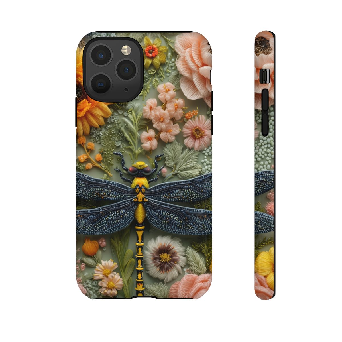 Moody maximalist nature phone case with a textured dragonfly illustration and sage green foliage.